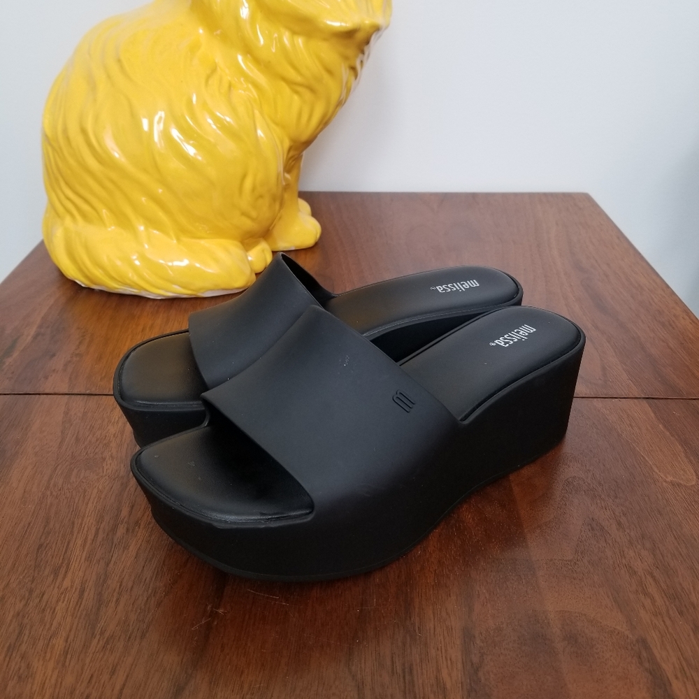 Black slip on platform slides by Melissa, size 8